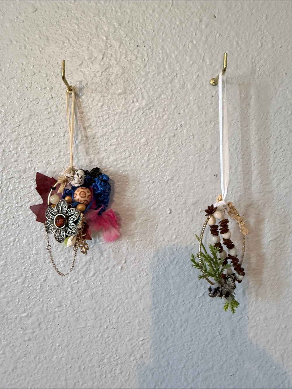 Hawaiian Boho Floral Hanging Ornament with Feathers - Pink, Blue, Brown